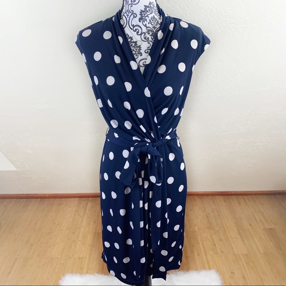 Eliza J Dresses & Skirts - Eliza J Polka Dot Navy Blue Wrap Dress Size 10